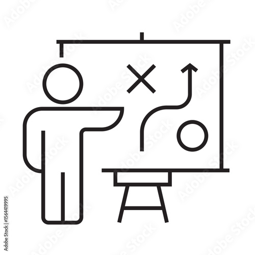 Outline icon of a person giving a business presentation using a board chart. Editable stroke. Vector illustration.