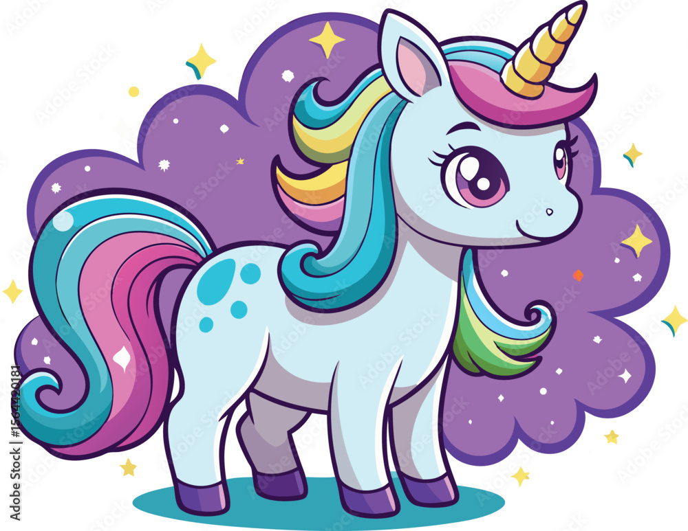 Naklejka premium Cute Cartoon Unicorn with Rainbow Mane and Tail