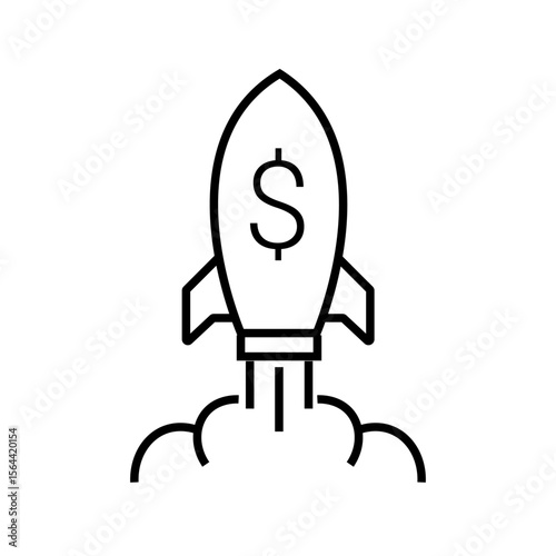 Outline icon of a rocket launching, representing the beginning of a business or startup initiative. Editable stroke. Vector illustration.