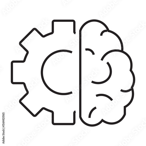Outline icon of a brain with gear symbolizing smart thinking, mental processing, and innovation. Editable stroke. Vector illustration.