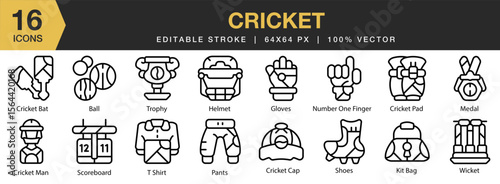 Cricket icon set. Editable Stroke Icon Collection. Includes game, competition, match, team, player, and More. Outline icons vector collection.