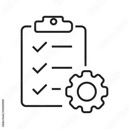 Outline icon of a task list with gear, representing project management and task automation. Editable stroke. Vector illustration.