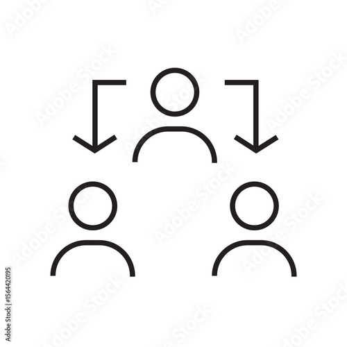 Outline icon of multiple people around a gear, representing teamwork and collaboration in a business setting. Editable stroke. Vector illustration.
