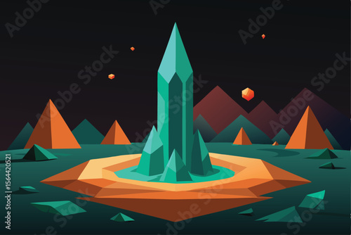 Abstract geometric illustration featuring a large crystal and surrounding landscape elements.