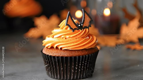 Delicious Halloween Cupcake with Orange Frosting and Bat Decoration for Festive Celebrations