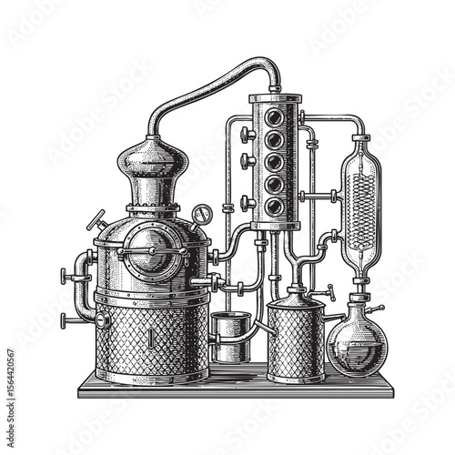 Alcohol distillation engraving vector illustration