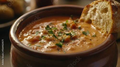 Creamy tomato soup in a rustic bowl garnished with fresh parsley and bread