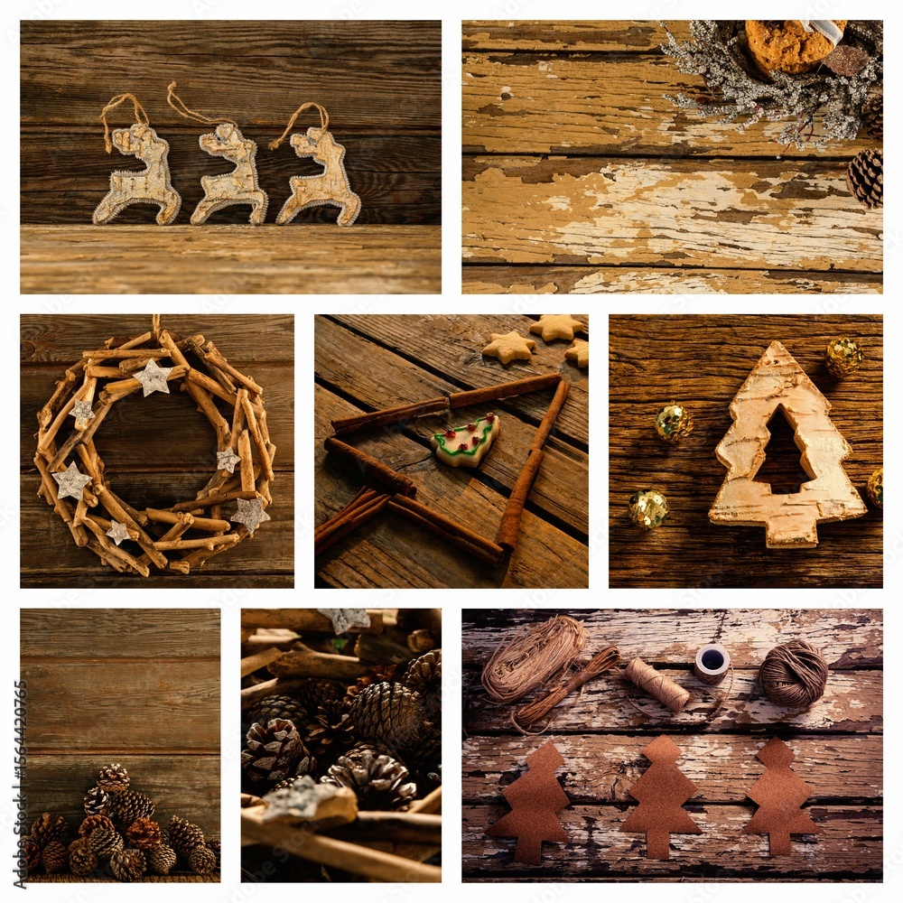 Obraz premium Displaying rustic Christmas collage on aged wood featuring bark Santas, cinnamon stars, cookies