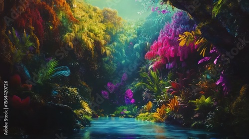 Enchanting Riverside Haven, A Mystical Landscape of Vibrant Flora