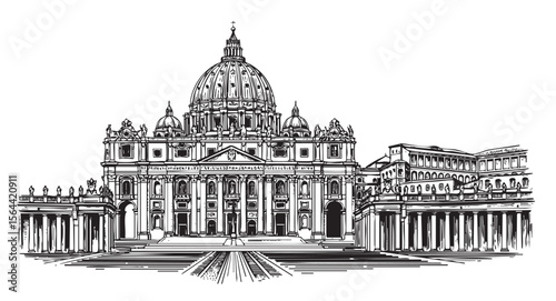 St. Peter's Basilica Engraving Vintage Sketch of Vatican City Landmark and Renaissance Architecture