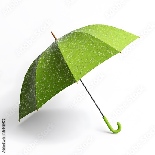 Green Umbrella with Raindrops on White Background for Rainy Weather