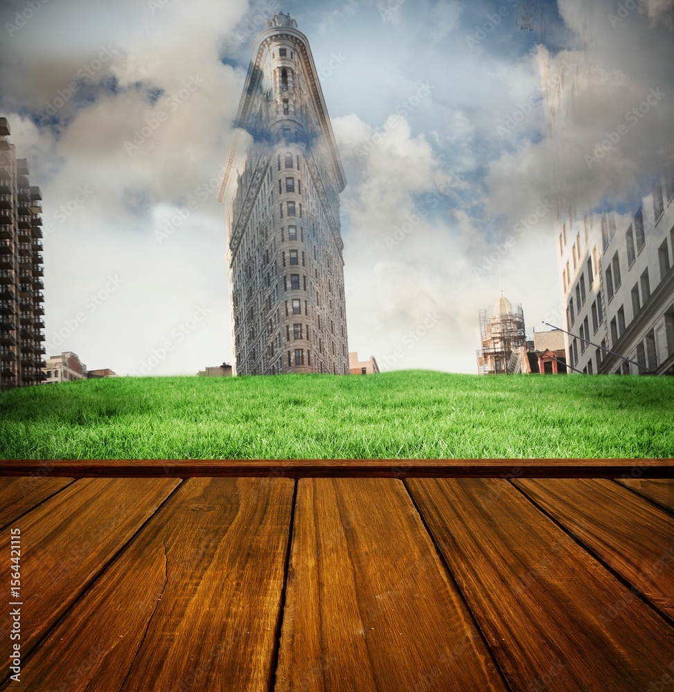 Fototapeta premium Wooden planks against new york