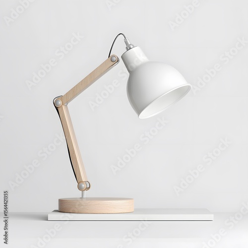 Modern desk lamp with wooden arm and white shade on minimalist table