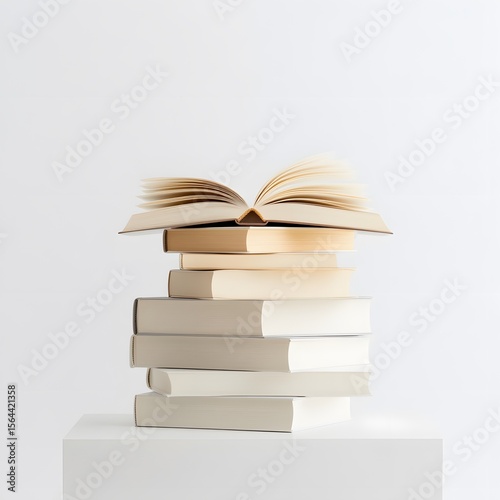Stack of Books with Open Pages Against a Minimalist Background