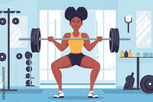 African woman doing squats with barbell in a gym, mirrors and weights around her, strong workout vibe vector illustration