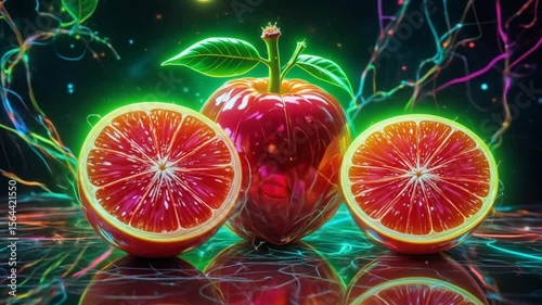 Vibrant Fruits: Luminous Apples and Oranges with Neon Accents and Abstract Background