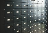 Flat design grid of safety deposit boxes is filling frame with label holders and inserted keys