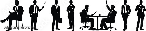 Business silhouette vector showing professionals in various poses including sitting at a desk, holding a tablet, and having a discussion.
