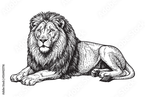 wild king lion lying down engraving vector style
