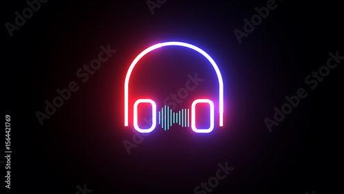 Glowing neon line headphones icon and sound wave