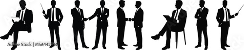 Business silhouette vector showing professionals sitting at a desk, working with laptops, discussing, and carrying a briefcase.