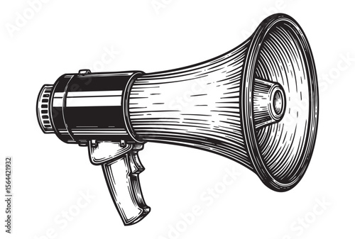 Vintage Megaphone Engraving Hand Drawn Loudspeaker or Bullhorn for Communication and Public Announcement
