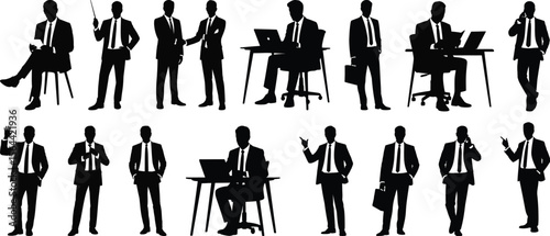 Business silhouette vector featuring professionals in action poses such as sitting at a desk, discussing, and pointing during a presentation.
