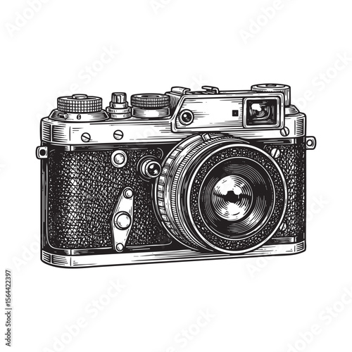 camera engraving woodcut vector illustration