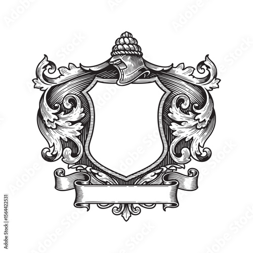 Medieval Coat of Arms Engraving Knight Helmet on Heraldic Shield with Ornate Scrollwork and Crest