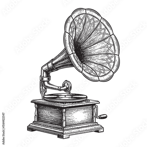 Vintage Gramophone Engraving Classic Phonograph Record Player for Music and Retro Audio Illustration

