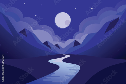 A serene, stylized landscape featuring a river flowing through mountains under a moonlit, starry night sky.