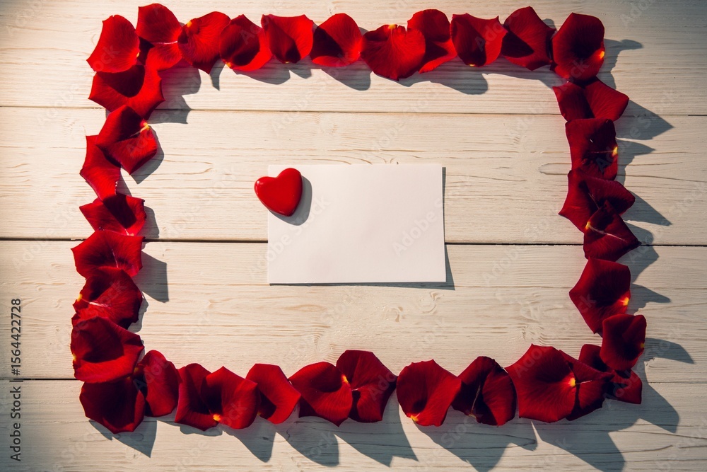 Fototapeta premium Frame of red rose petals with paper