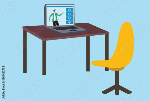Office desk vector illustration, modern workstation with computer and supplies, workspace interior design isolated 