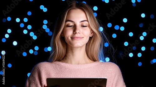 Woman Using Digital Tablet in Bokeh Light