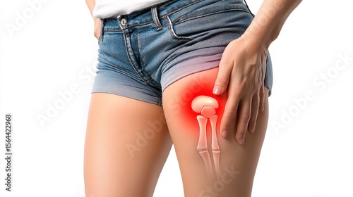 Woman Suffering Hip Pain, Illustration Of Hip Joint Pain, White Background