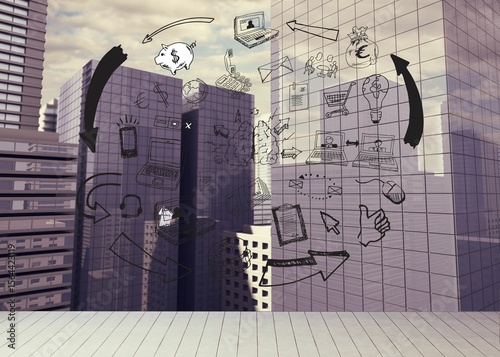 Drawn graphic on cityscape background