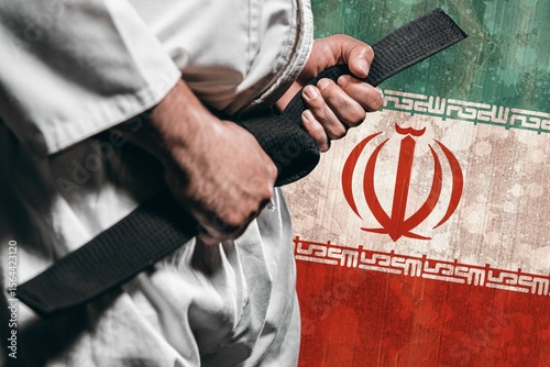 Midsection of martial artist tying belt against Iranian flag