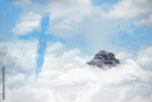 Solitary jagged mountain peak is rising through clouds in flat design, with cross-shaped mist
