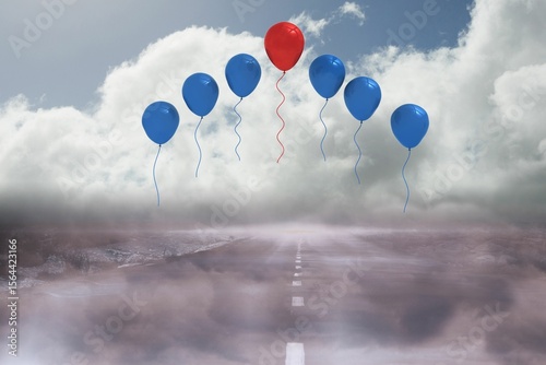 Flat design illustrating seven balloons floating above misty two-lane road with cumulus clouds