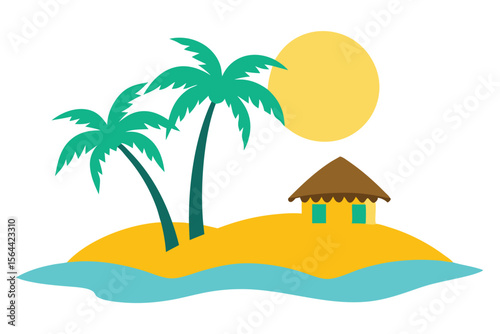 Tropical Paradise Getaway Palm Trees, Sun, and Beach Hut on a Desert Island