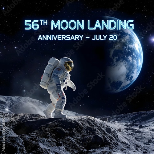 56th Moon Landing Anniversary – July 20 | Astronaut on the Moon with Earth in Background – 3D Space Illustration