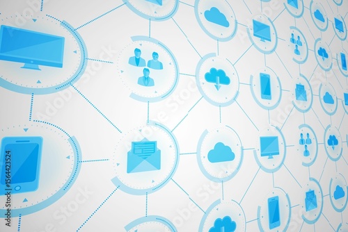 Flat design network is showing dotted lines linking cloud email monitor smartphone and user icons