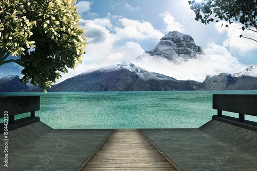Wooden dock is extending into turquoise lake in flat design featuring concrete railings, snow peak