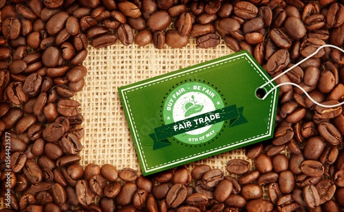 Green quality tag over coffee beans