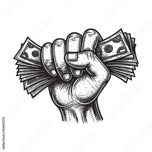 hand holding money engraving woodcut vector illustration