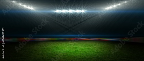 Empty grass pitch is glowing under night floodlights in flat design and highlighting ad boards