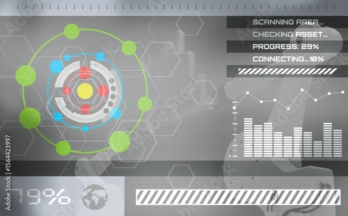 Composite image of circle shape icons and graphs on screen