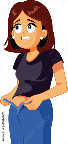 Woman Tries on Pants which are Smaller in Size Vector Cartoon. Lady suffering a wardrobe malfunctioning feeling embarrassed 