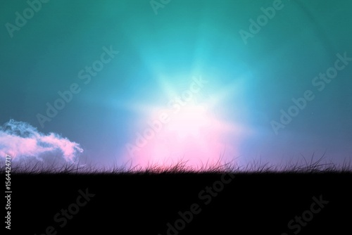 Flat design sun with radiant flares is rising over grass silhouette under gradient sky, puffy cloud