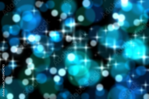Abstract bokeh pattern is glowing in flat design, showing blue green circles and star sparkles